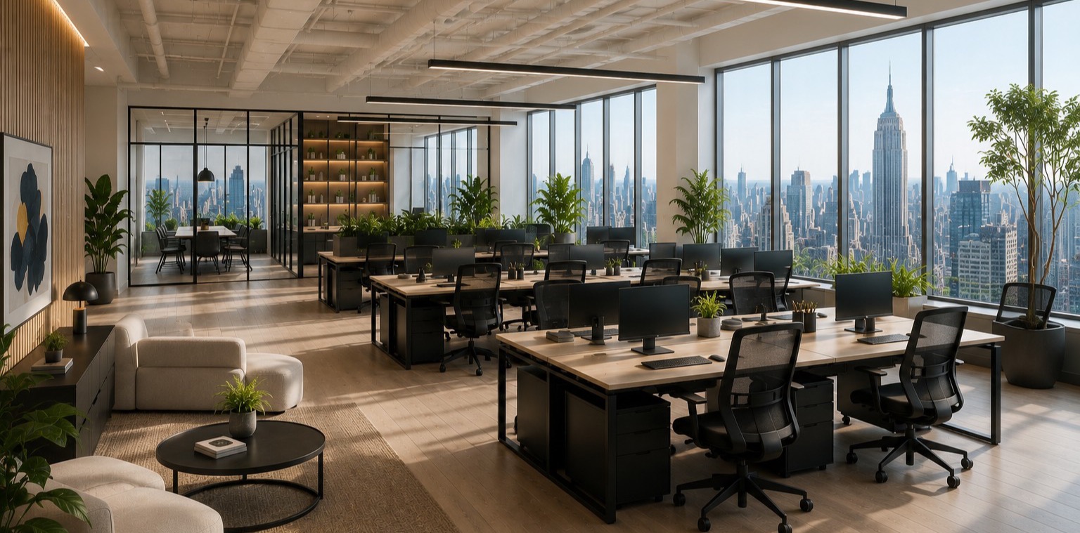 A private office floor overlooking Manhattan