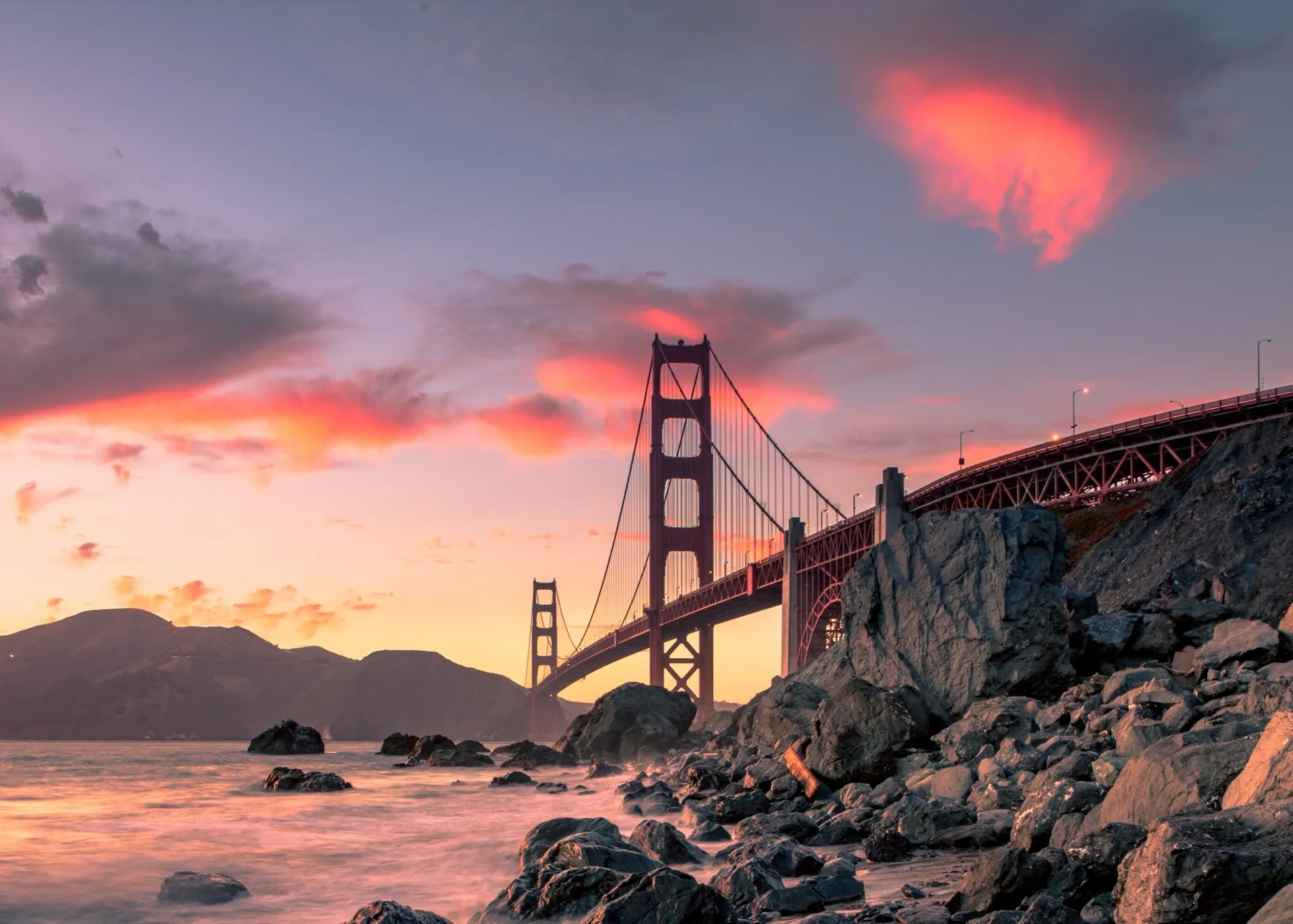 Golden Gate Bridge at sunset in San Francisco