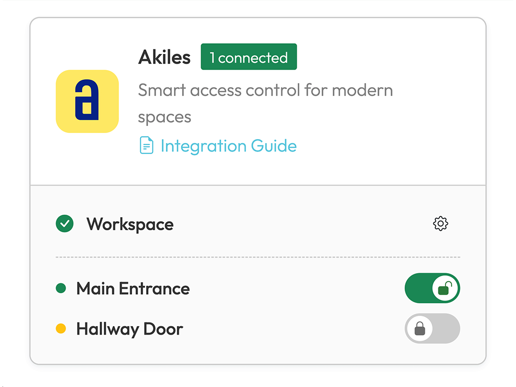 Croissant Portal showing a connected Akiles door being tested with the unlock toggle