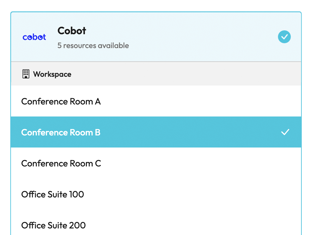 Connected Cobot integration showing available conference room resources to map