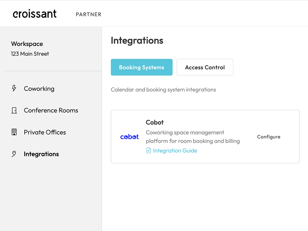 Cobot on the Booking Systems tab of the Integrations page in the Croissant Portal