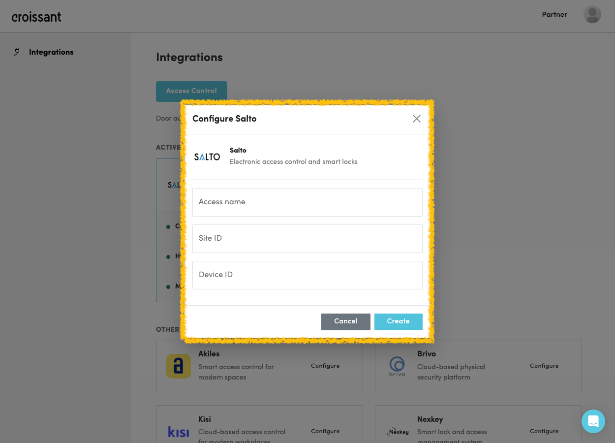 Croissant partner portal — Salto KS access control configuration