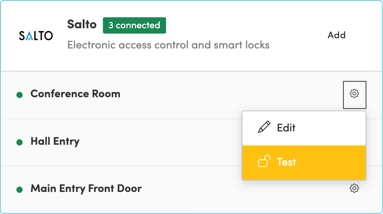 Croissant partner portal showing the test feature for a configured Salto KS lock