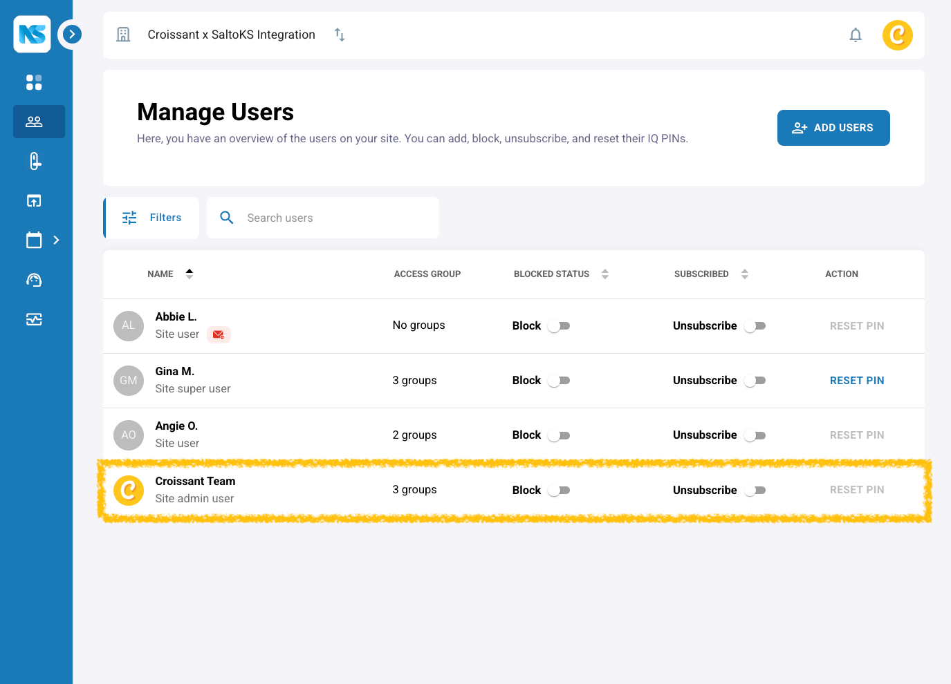 Salto KS admin panel showing how to add Croissant as a site-admin