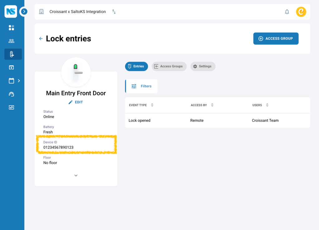 Salto KS portal showing where to find your Device ID