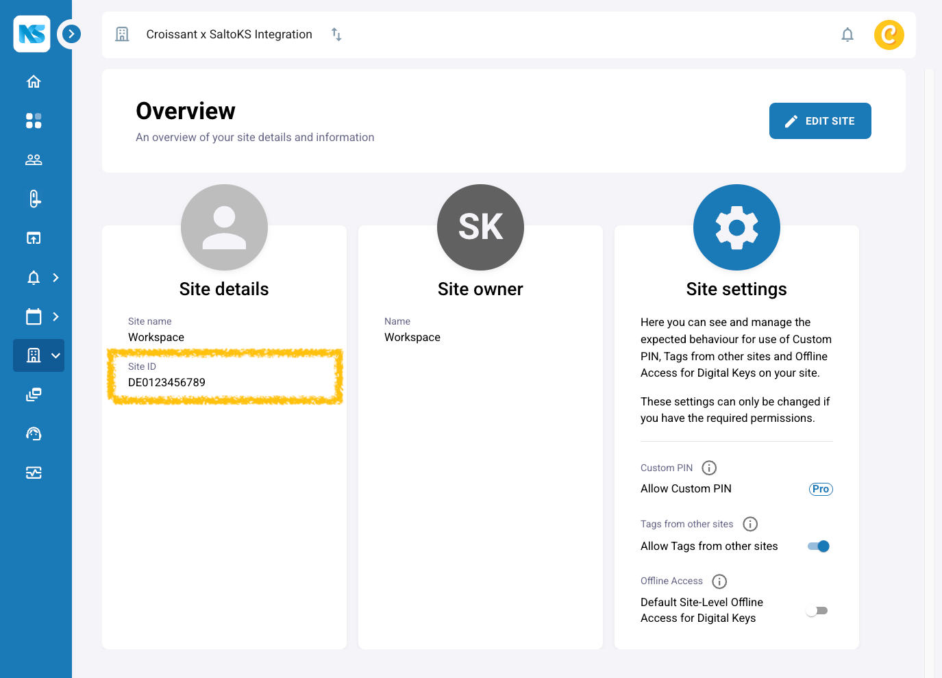 Salto KS portal showing where to find your Site ID