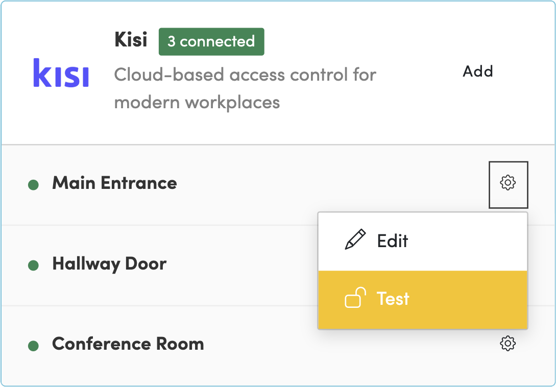 Croissant partner portal showing the test feature for a configured Kisi lock