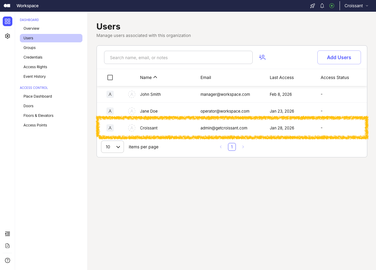 Kisi portal showing the user access