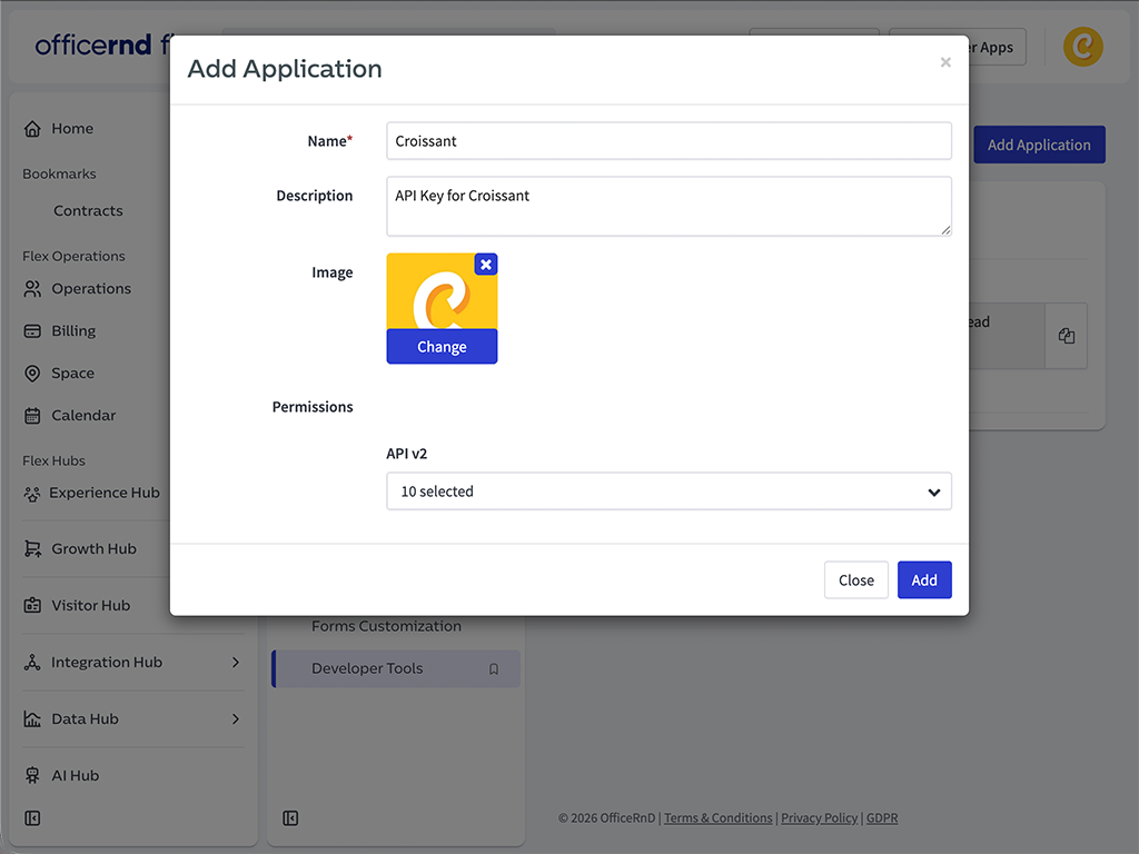 Add Application dialog in OfficeRnD Developer Tools