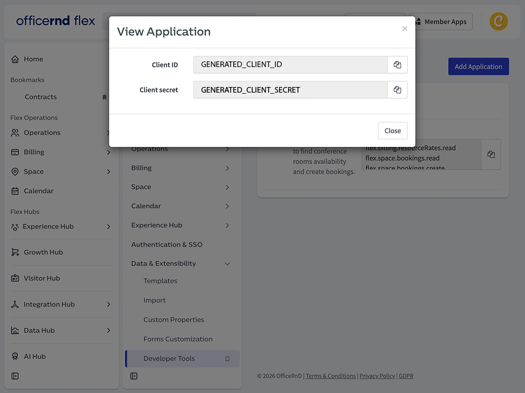 View Application dialog in OfficeRnD showing the Client ID and Client Secret