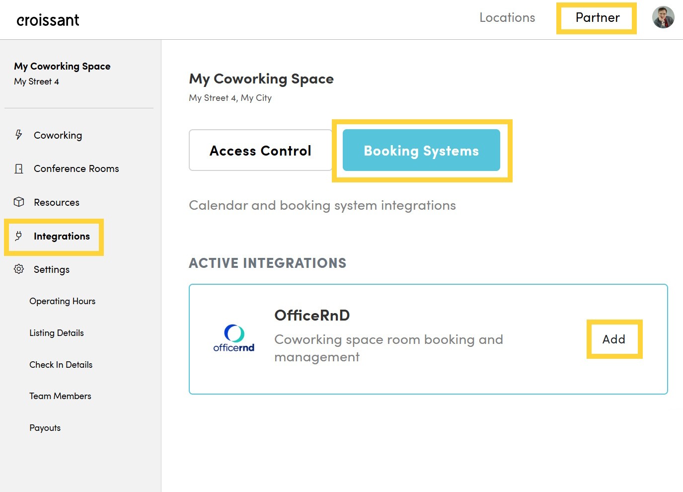 Configure OfficeRnD dialog in the Croissant partner dashboard