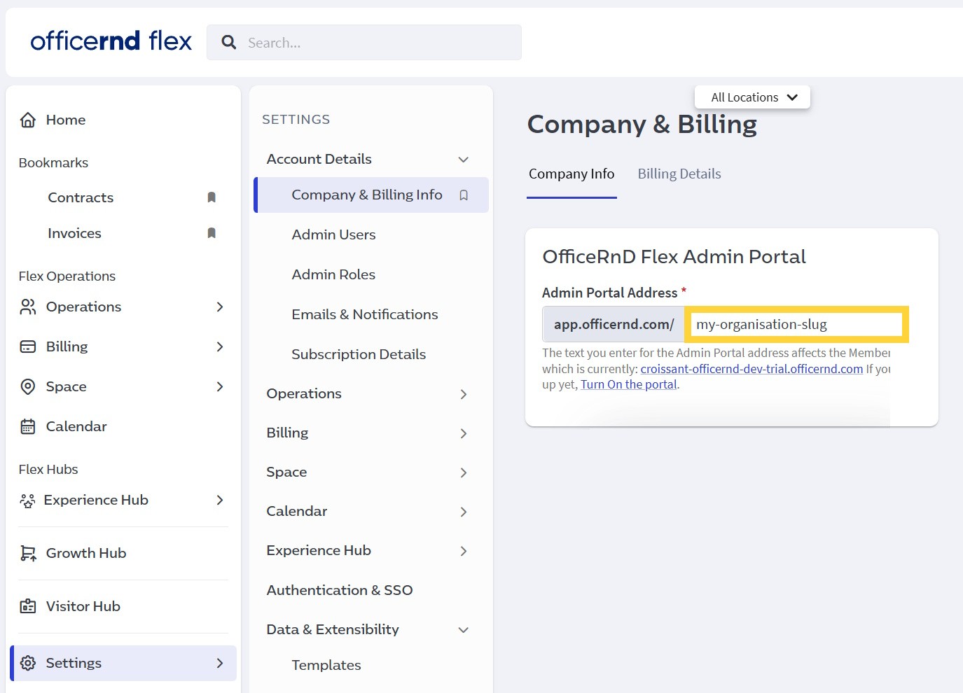 Finding the Organisation Slug in OfficeRnD account settings