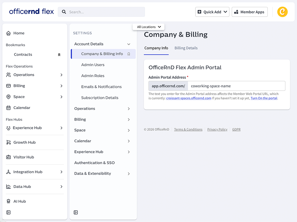 Finding the Organisation Slug in OfficeRnD Company & Billing settings