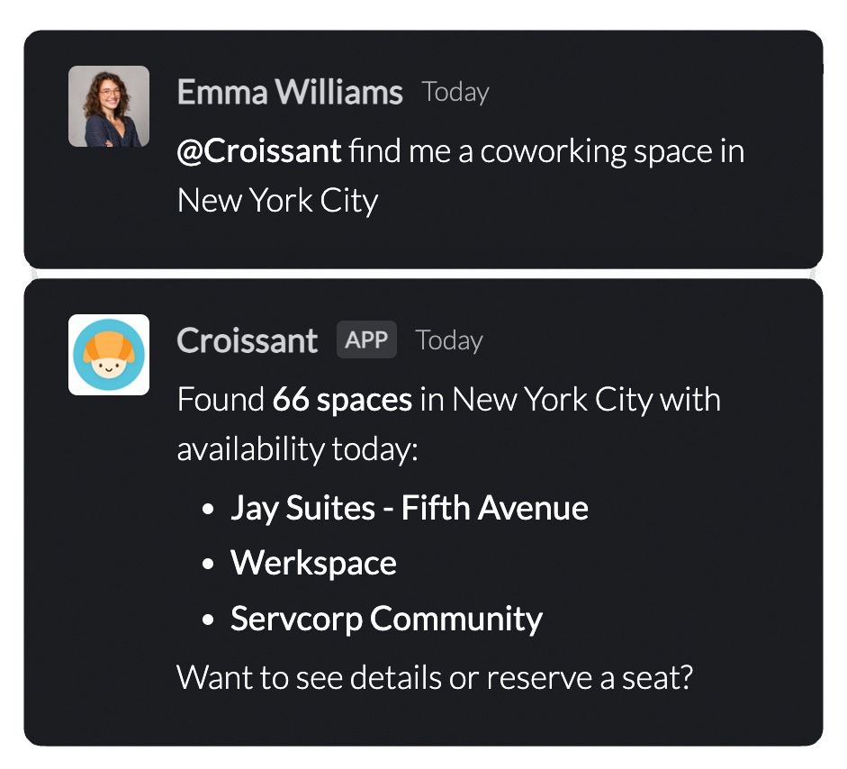 Croissant Slack integration showing workspace booking in Slack