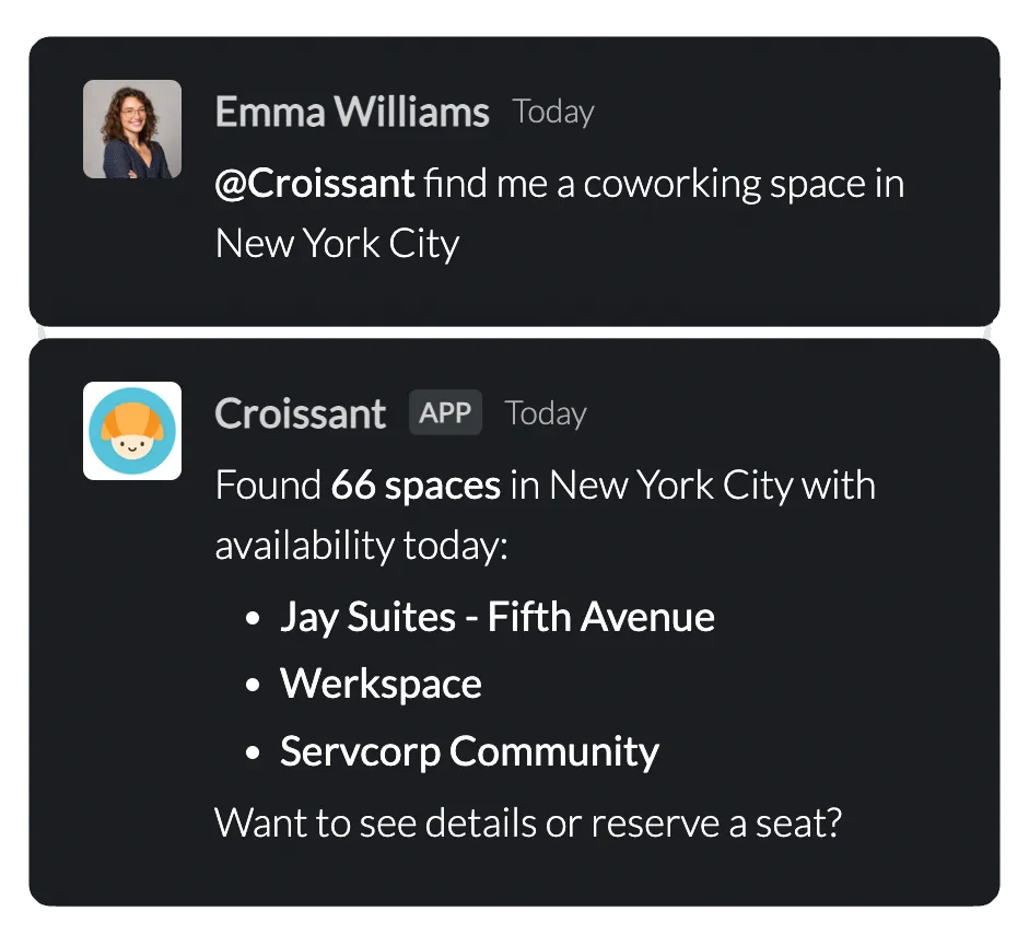 Croissant Slack integration showing workspace booking in Slack