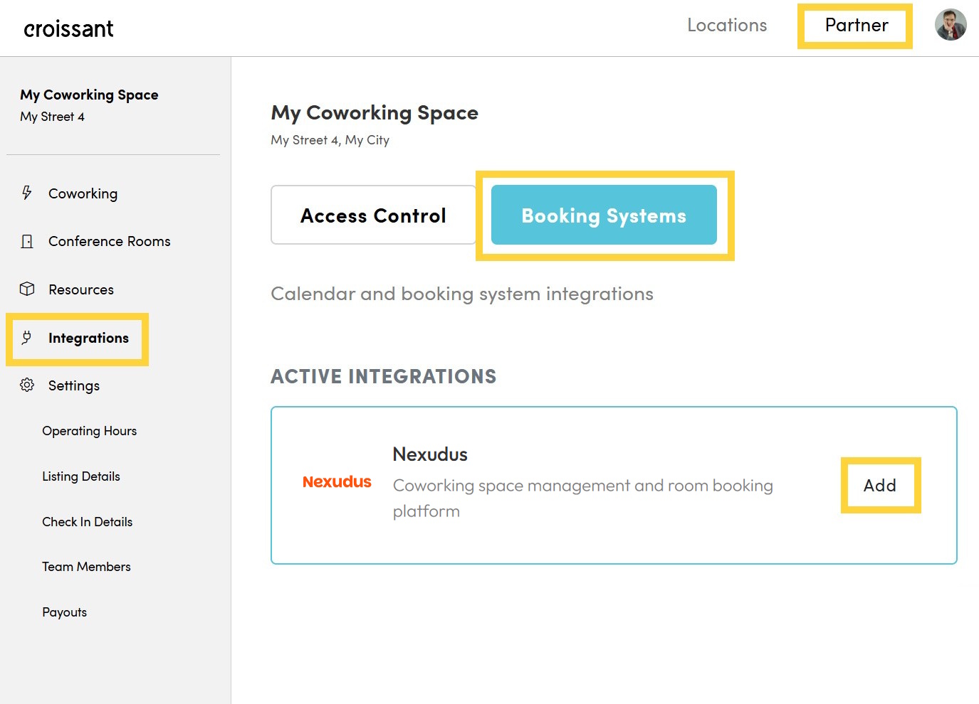 Configure Nexudus dialog in the Croissant partner dashboard