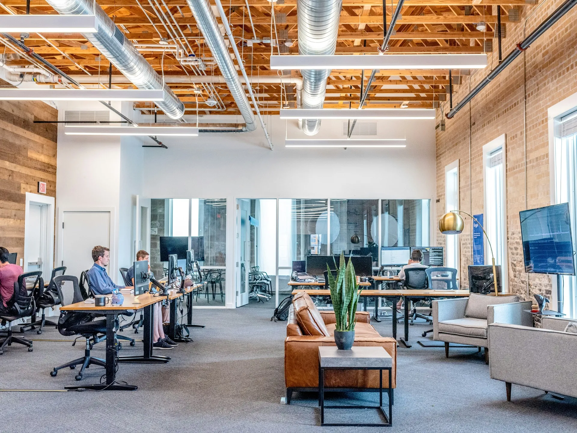 Colleagues working together at shared desks in a coworking space