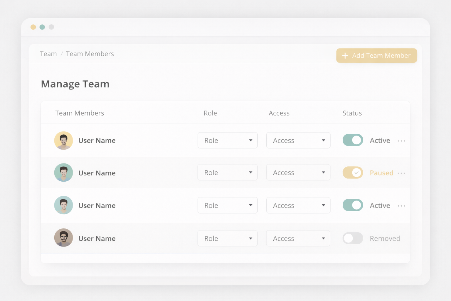 Team management screen