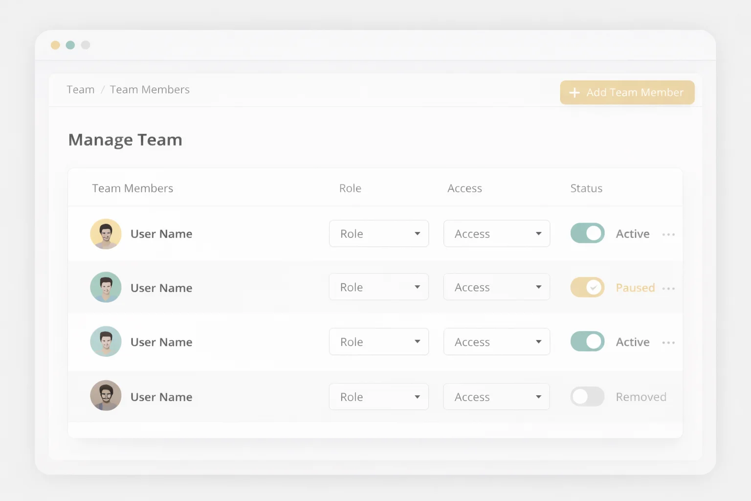 Team management screen